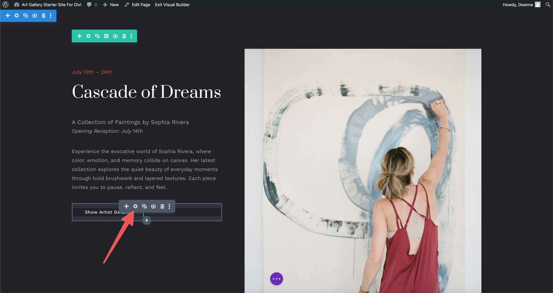 Site inicial da Galeria de Arte para Divi
