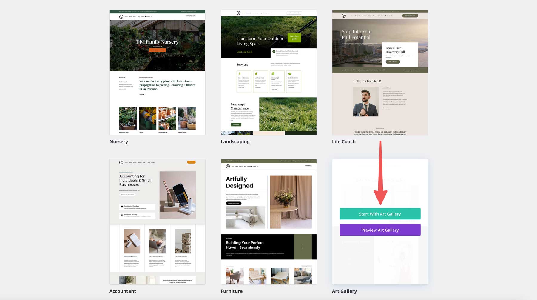 Site inicial da Galeria de Arte para Divi