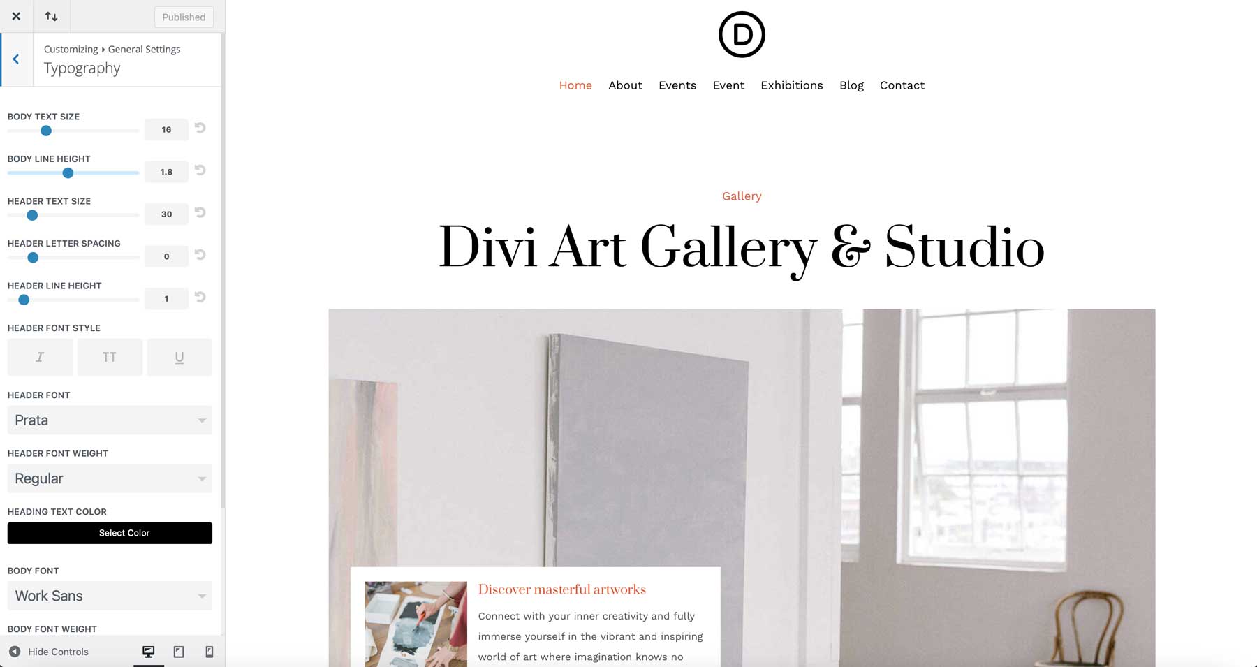 Site inicial da Galeria de Arte para Divi