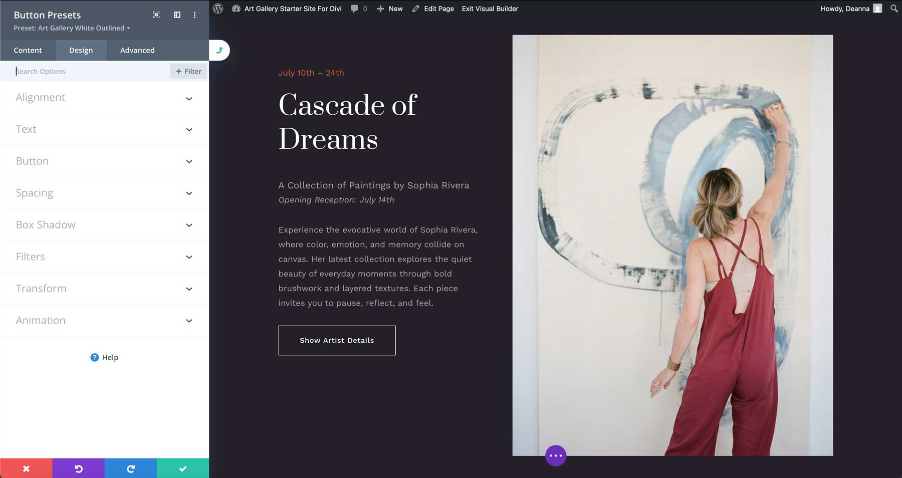 Site inicial da Galeria de Arte para Divi