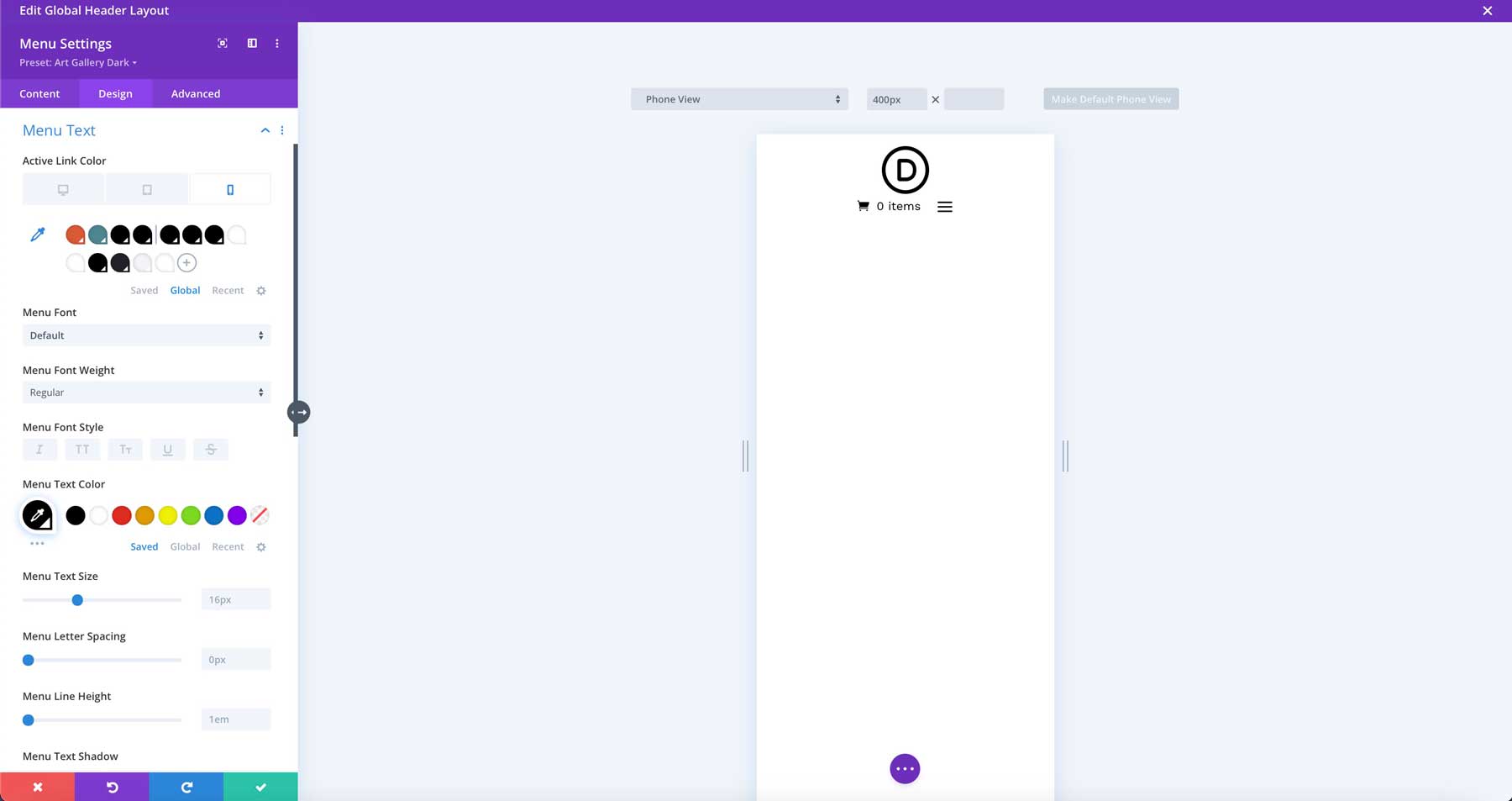 Site inicial da Galeria de Arte para Divi