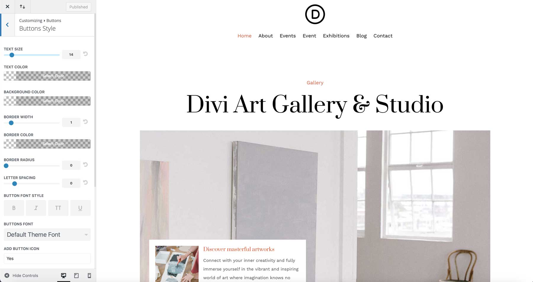 Site inicial da Galeria de Arte para Divi