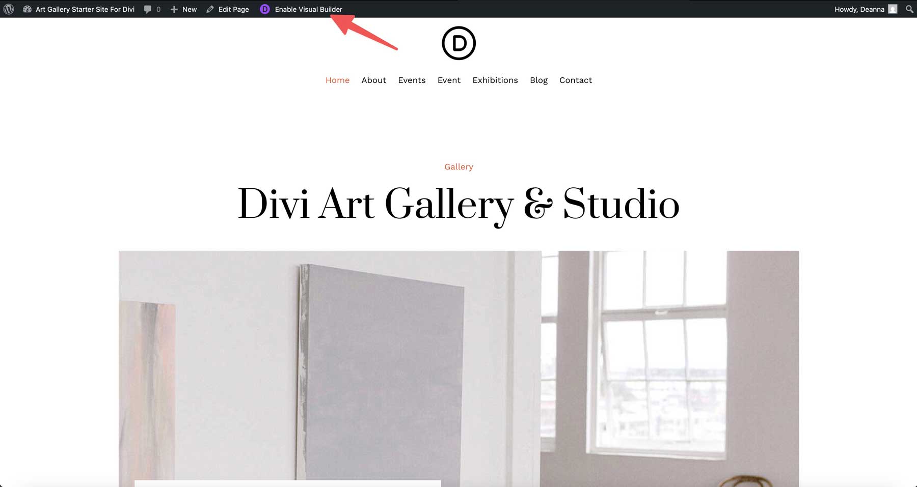 Site inicial da Galeria de Arte para Divi