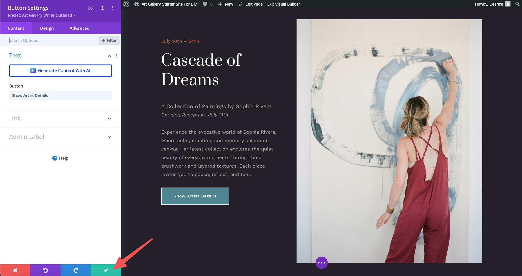 Site inicial da Galeria de Arte para Divi