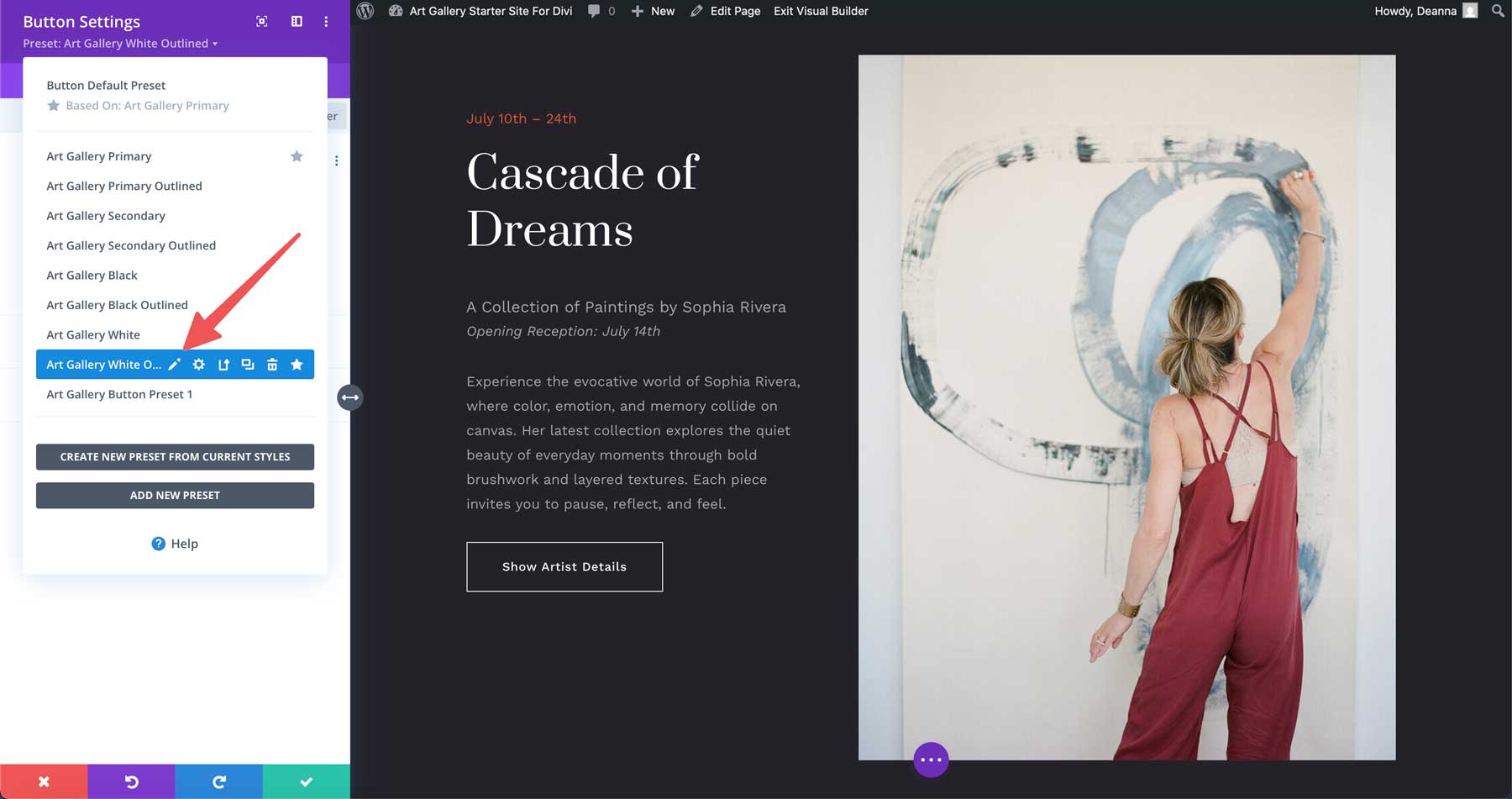 Site inicial da Galeria de Arte para Divi