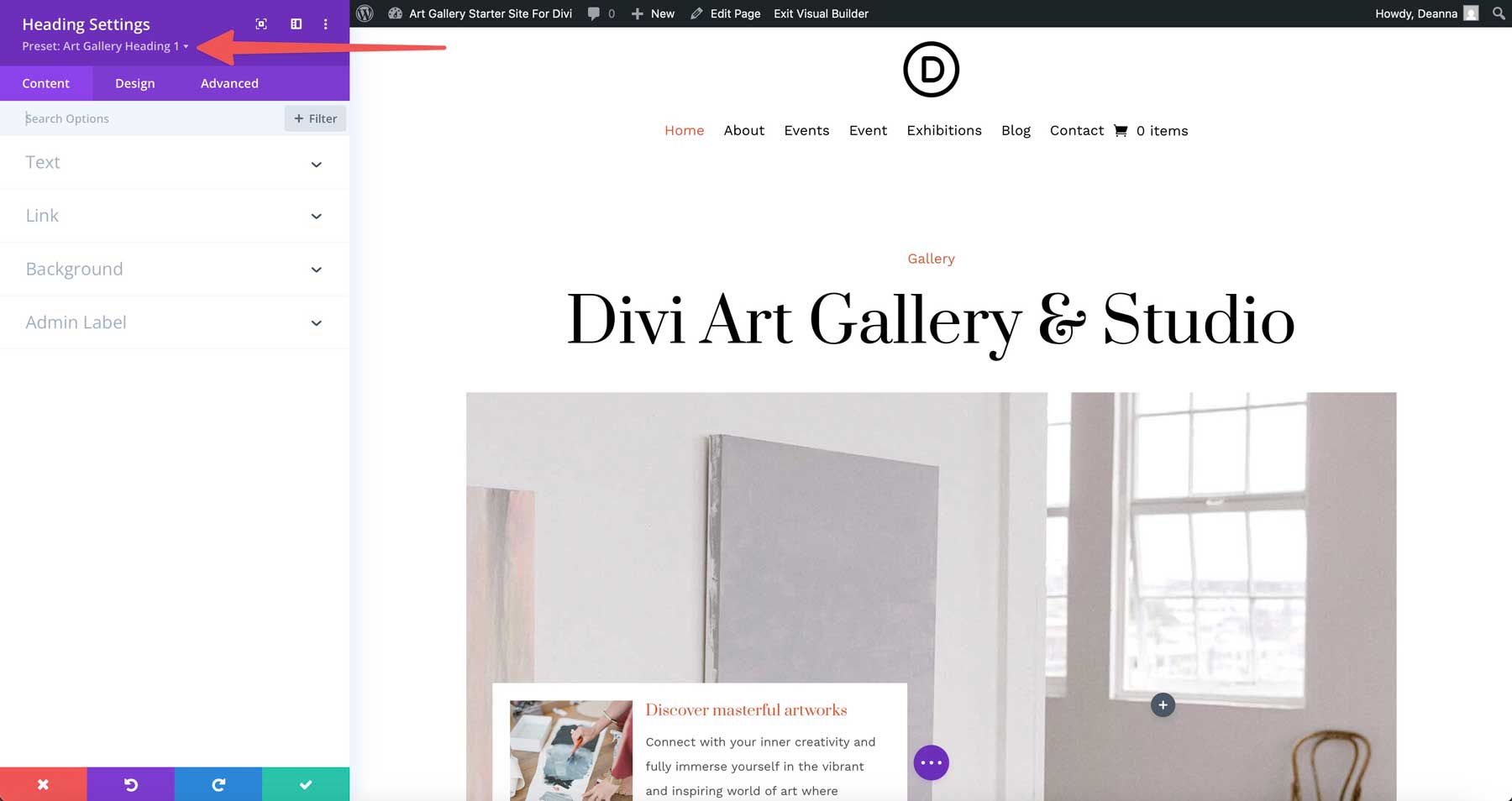 Site inicial da Galeria de Arte para Divi