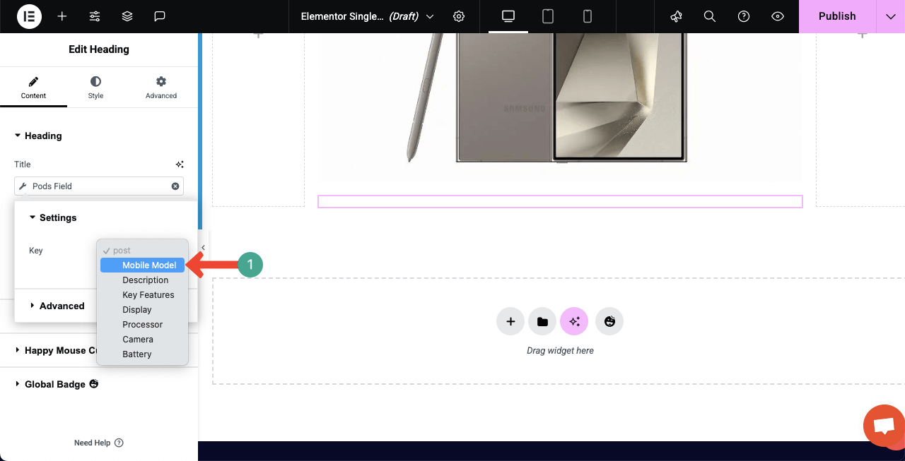 Select a custom field for the heading