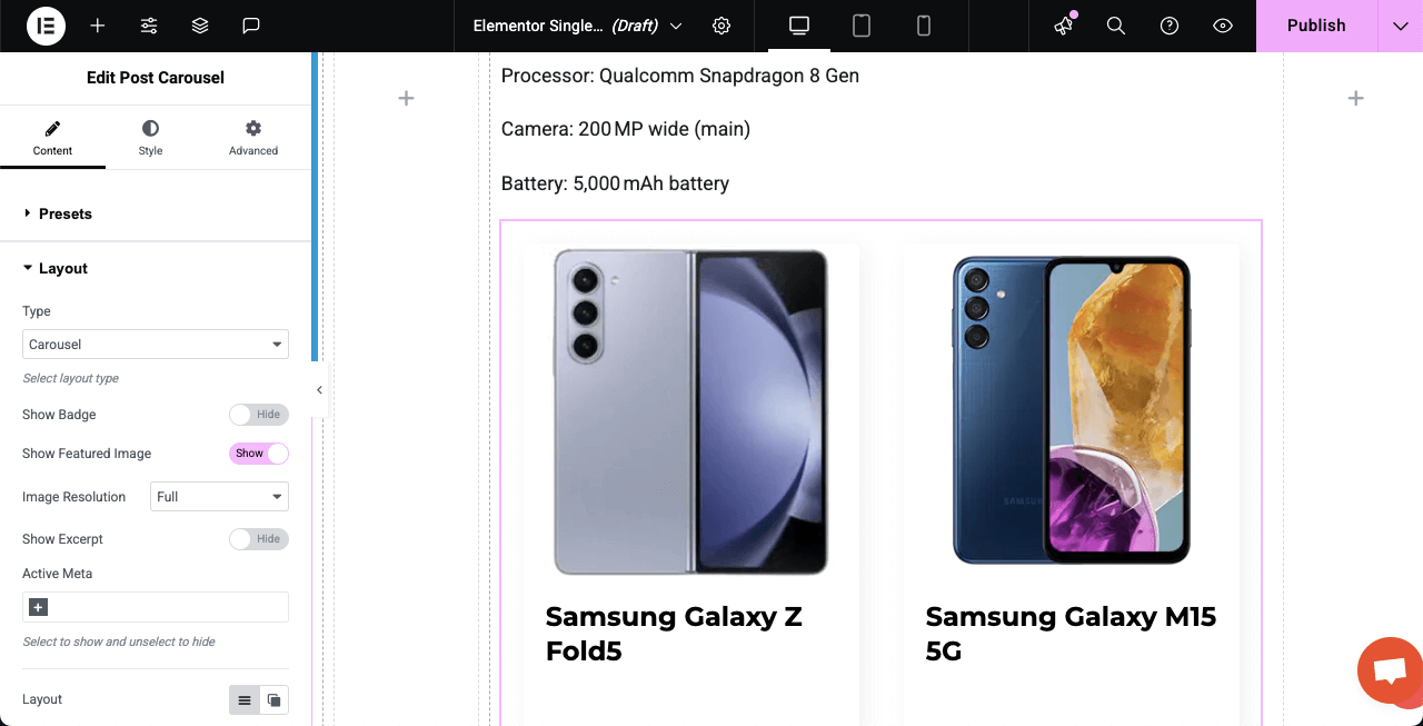The post carousel widget is added