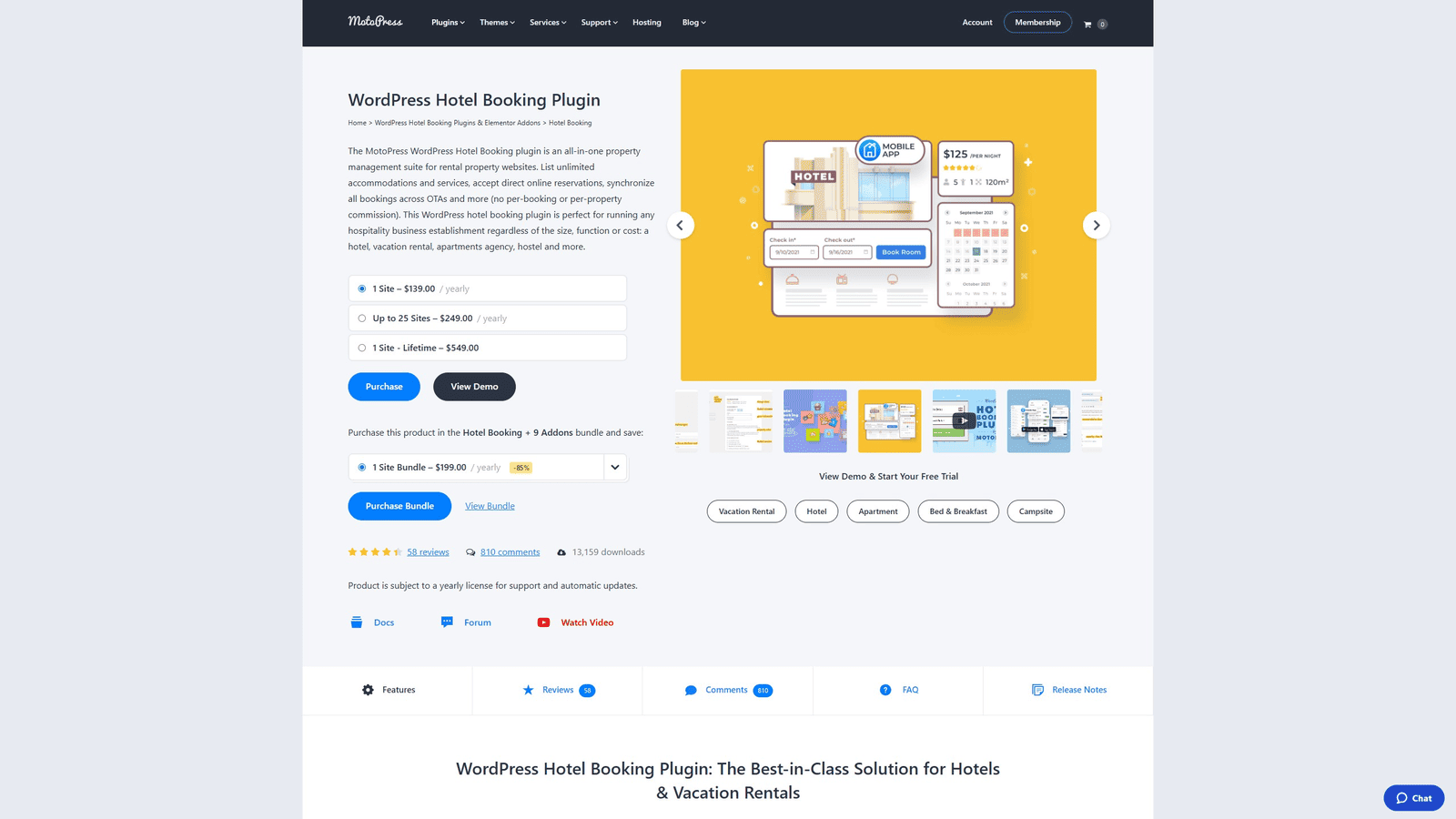 強力なプロパティ管理を備えた最高のマルチベンダーWordPressプラグインの1つであるHotel Bookingのグラフィック。