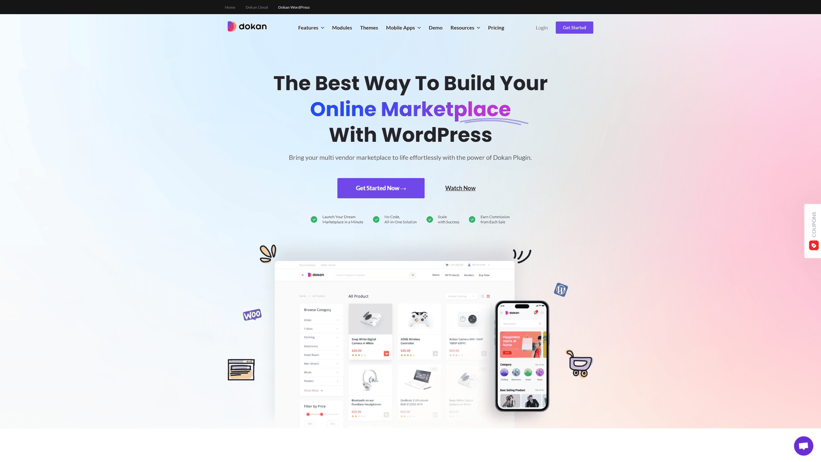 製品広告を備えたWordPress用のユーザーフレンドリーなマーケットプレイスプラグインであるDokanのグラフィック。