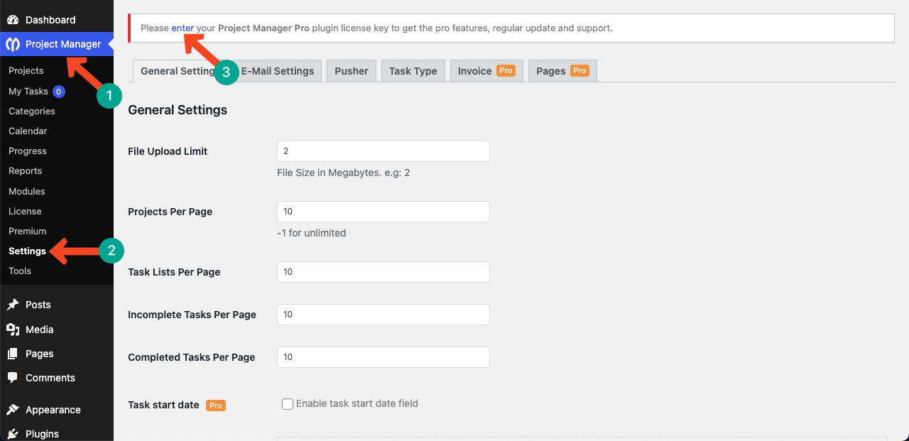 WP Project Manager Pro'yu etkinleştirin