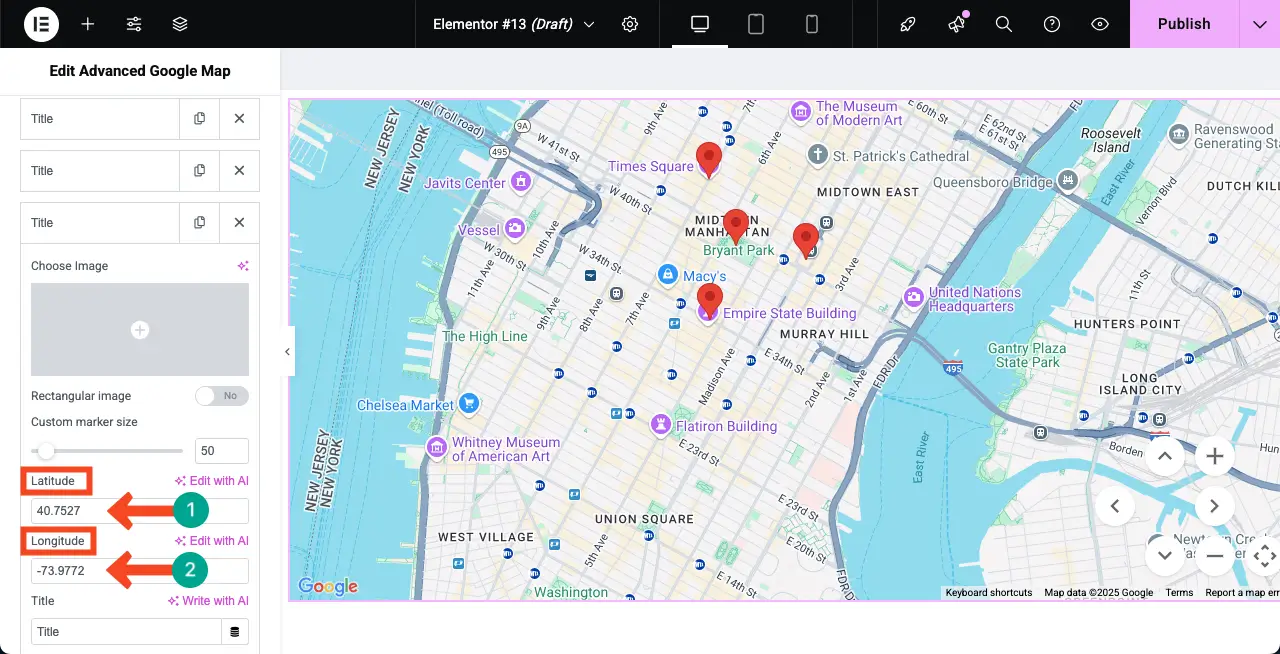 Add latitude and longitude to pins on Google Map