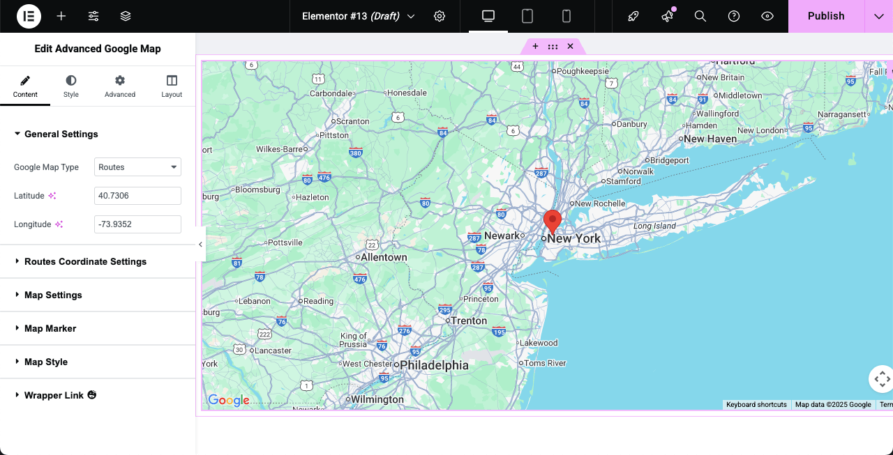 Google map appears on the Elementor Canvas