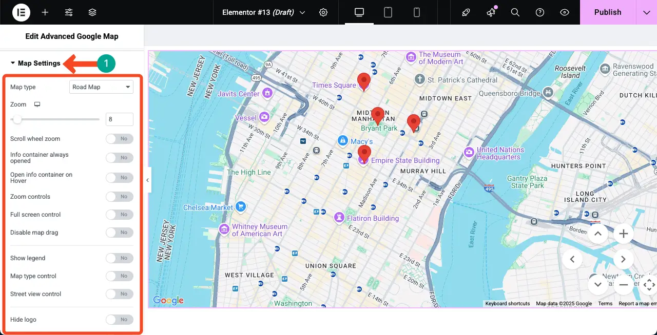 Mag Settings options of the Advanced Google Map widget