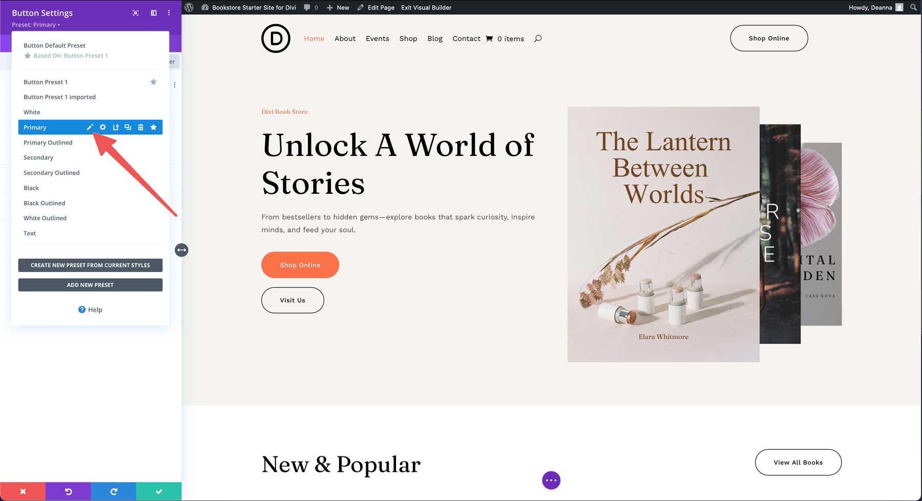 Site de démarrage de la librairie pour divi