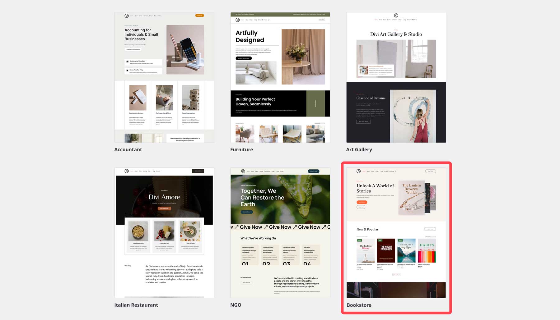 Site de démarrage de la librairie pour divi