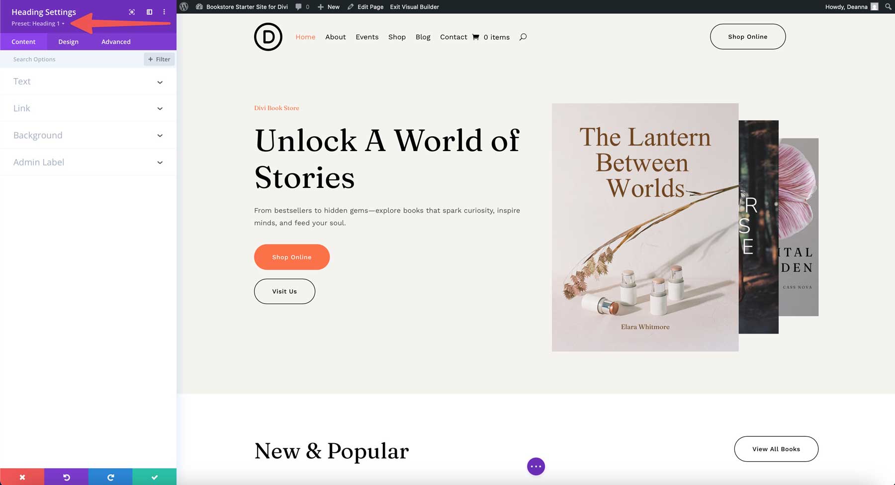 Site de démarrage de la librairie pour divi