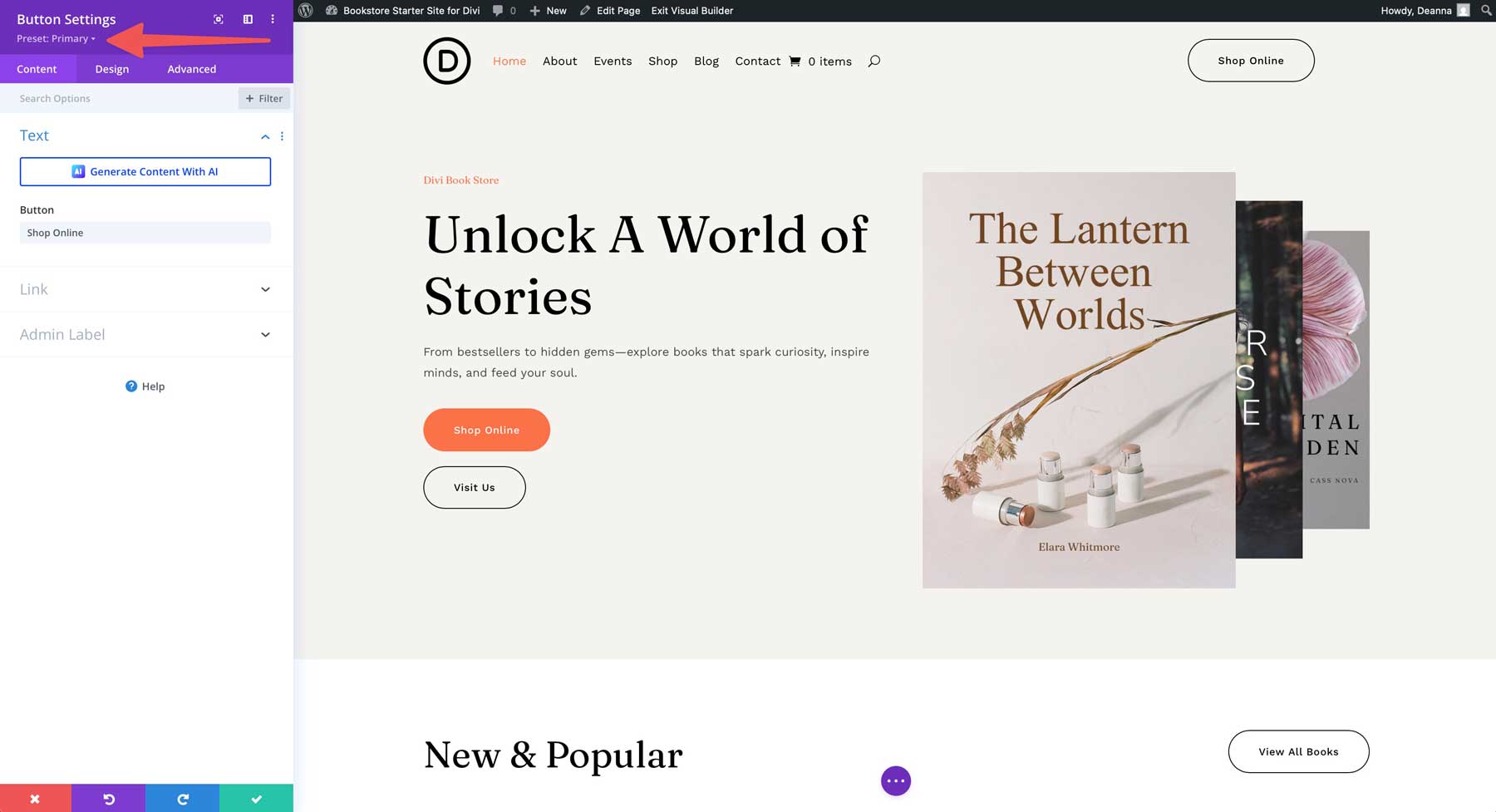 Site de démarrage de la librairie pour divi