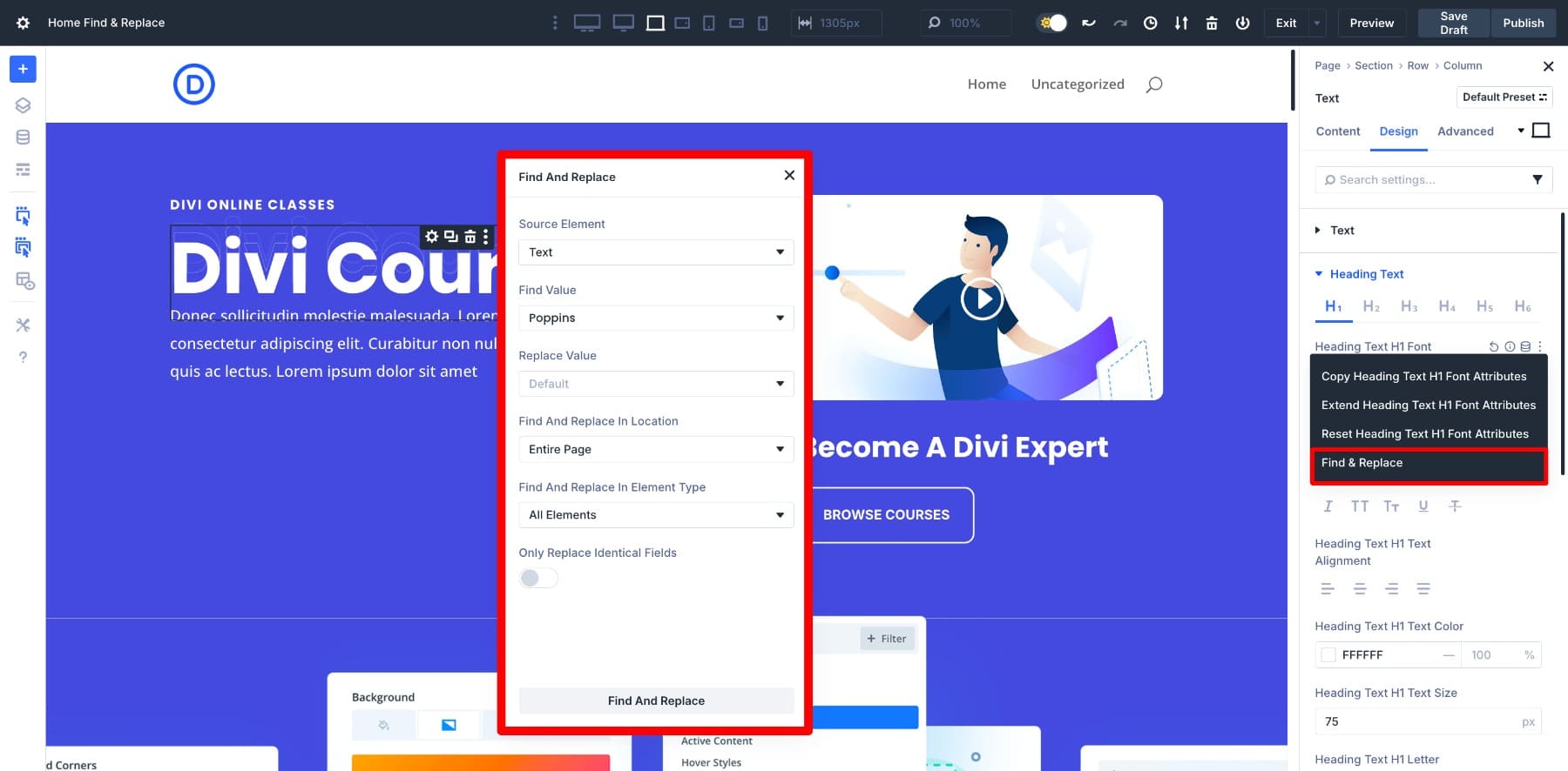 Divi 5で見つけて交換します