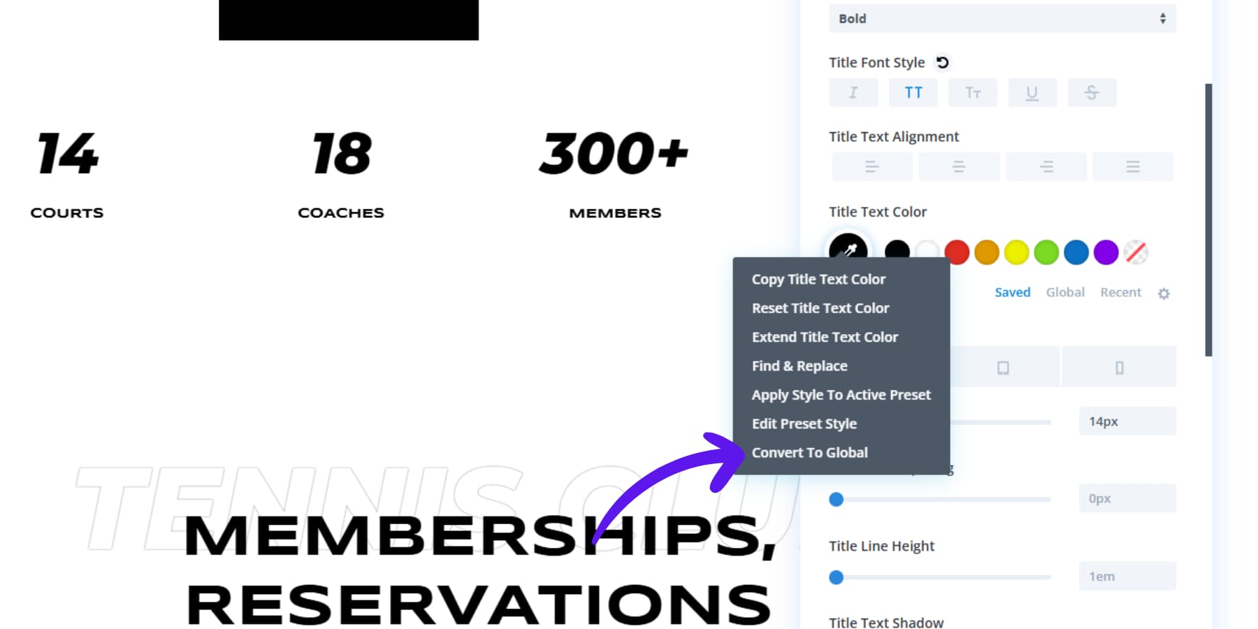 Divi4の現在の色をグローバルな色に変換する方法のスクリーンショット