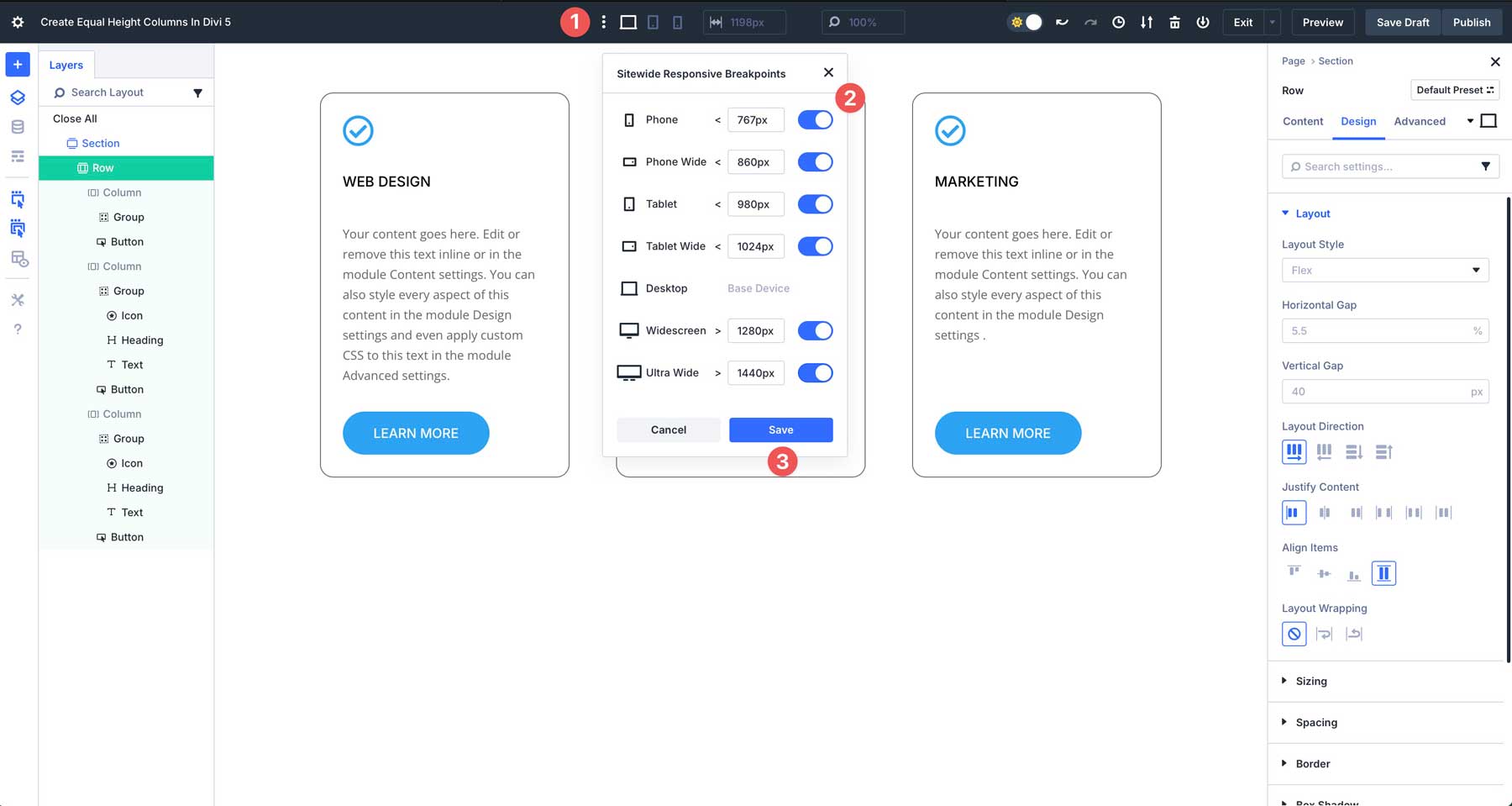 Divi 5'te özelleştirilebilir duyarlı kesme noktaları