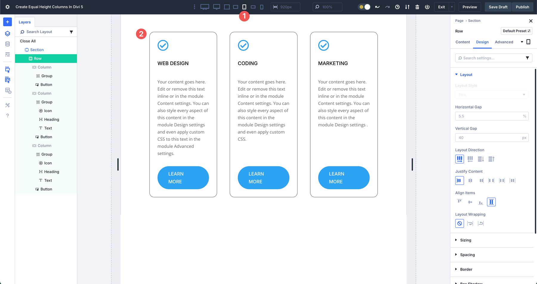 Divi 5'te eşit sütun yükseklikleri