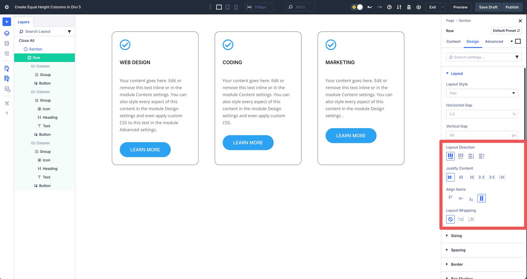 Divi 5'te eşit sütun yükseklikleri