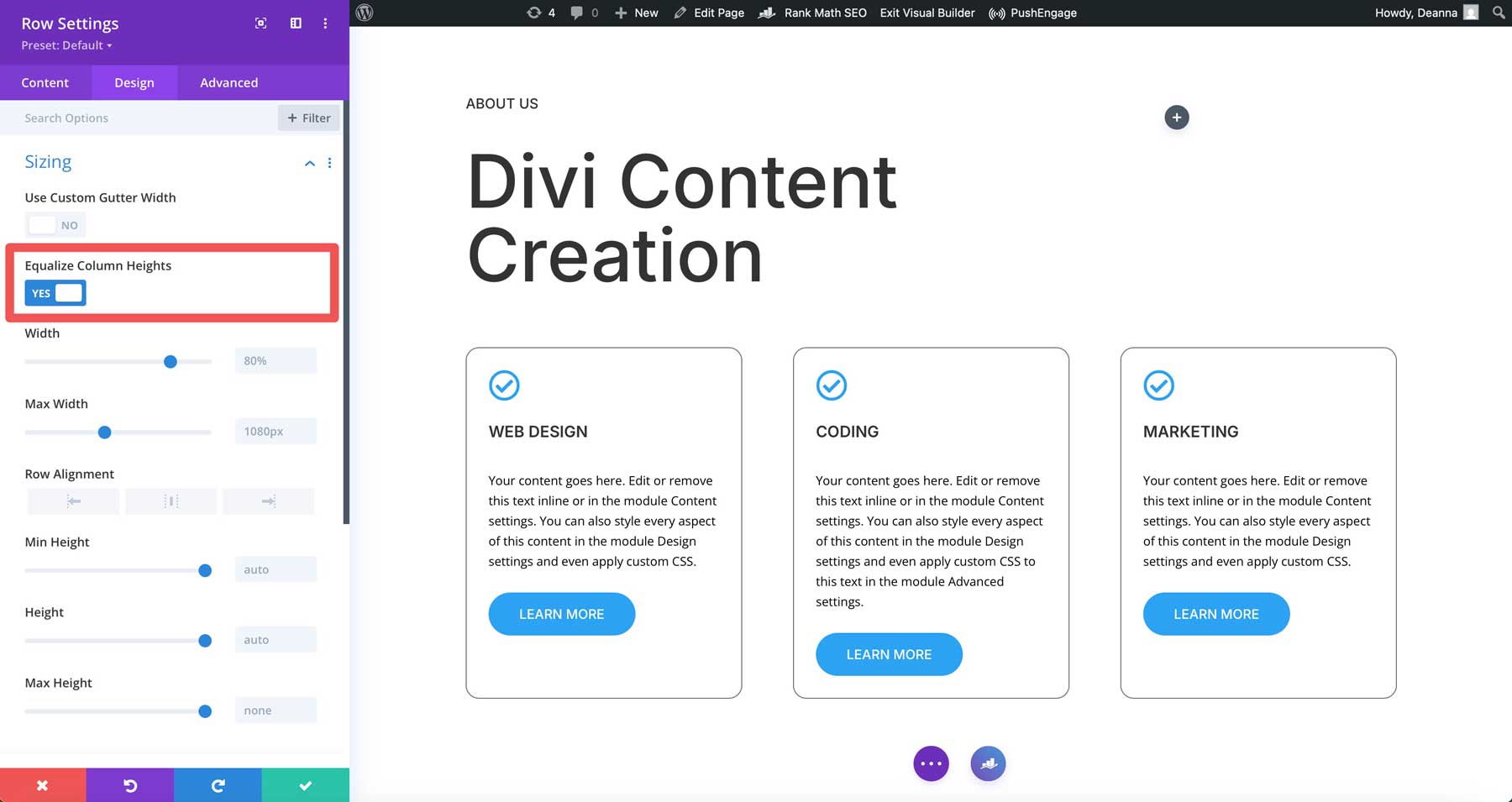 Divi 5'te eşit sütun yükseklikleri