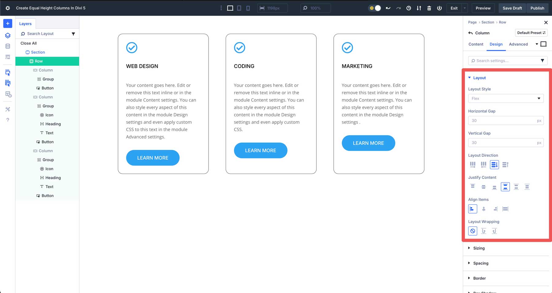 Divi 5'te eşit sütun yükseklikleri