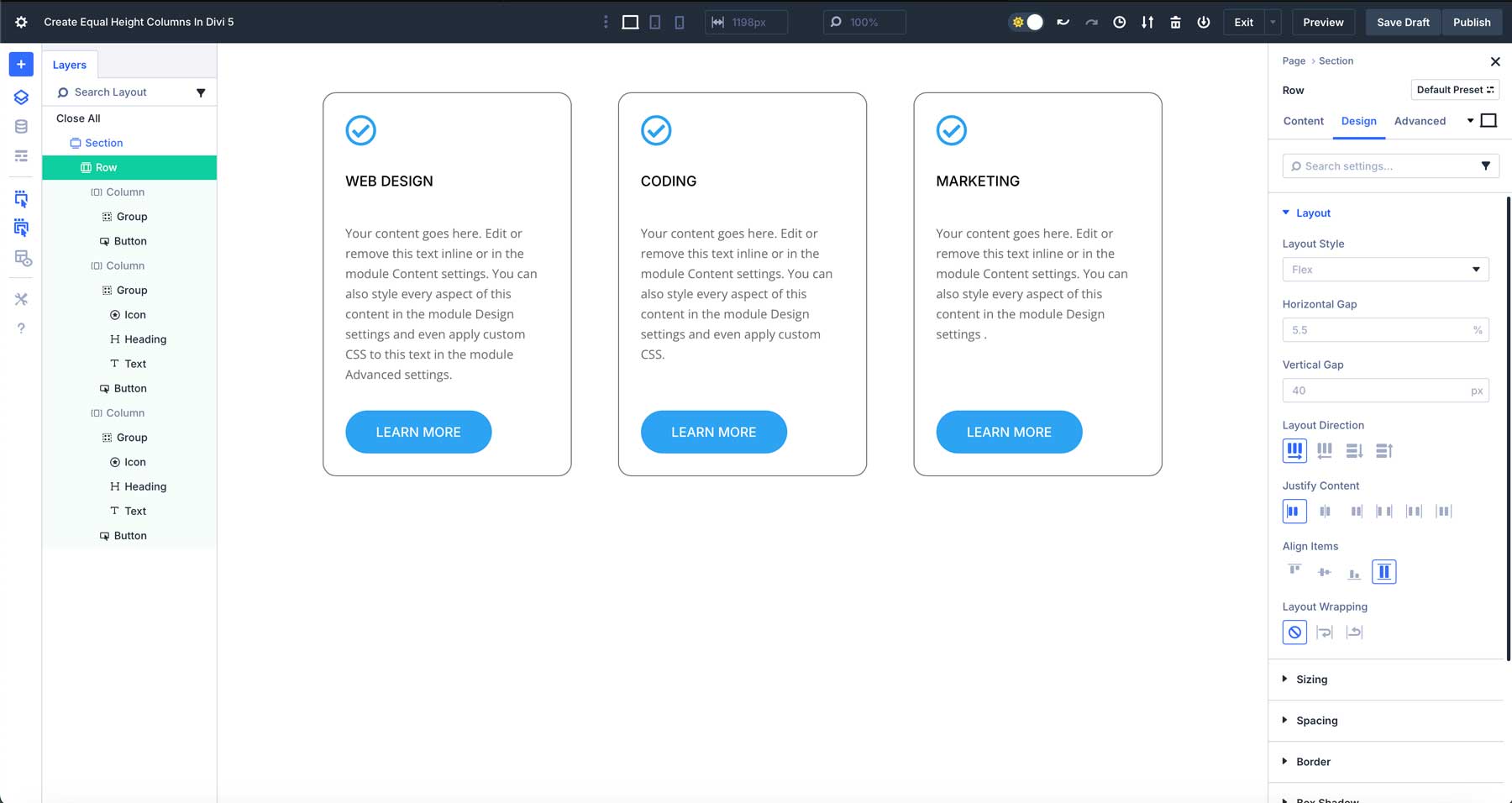 Divi 5'te eşit sütun yükseklikleri