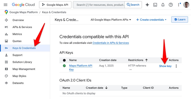 Google Cloud Console'da API anahtarını bulun