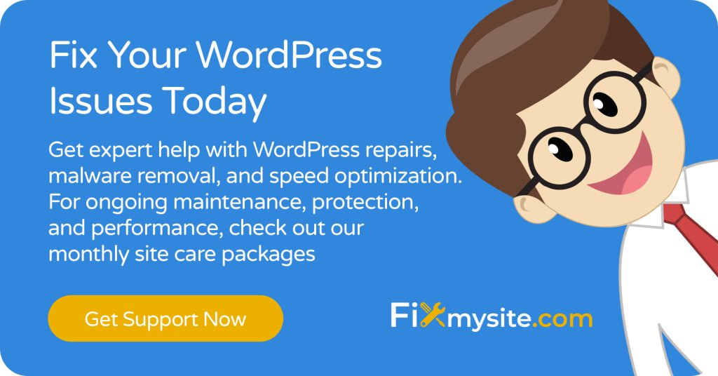 WordPress onarımları, kötü amaçlı yazılımların kaldırılması ve hız optimizasyonu konusunda uzman yardımı alın. Devam eden bakım, koruma ve performans için aylık site bakım paketlerimize göz atın Destek Alın FixmySite.com