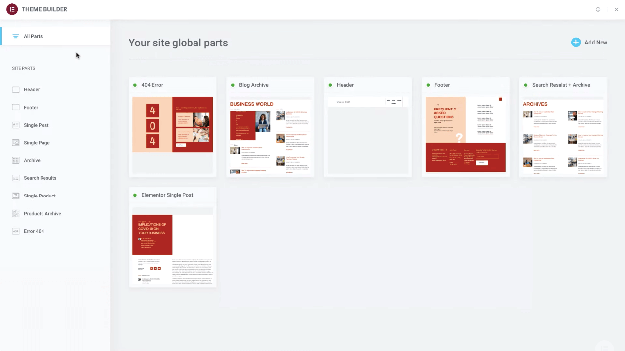 Elementor theme builder