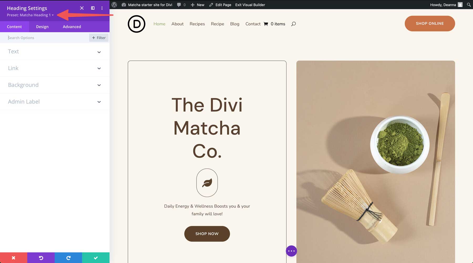 Divi için Matcha Starter sitesi