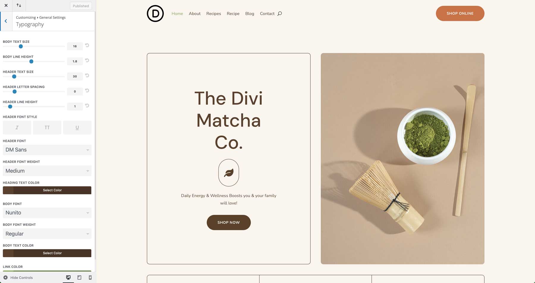 Divi için Matcha Starter sitesi
