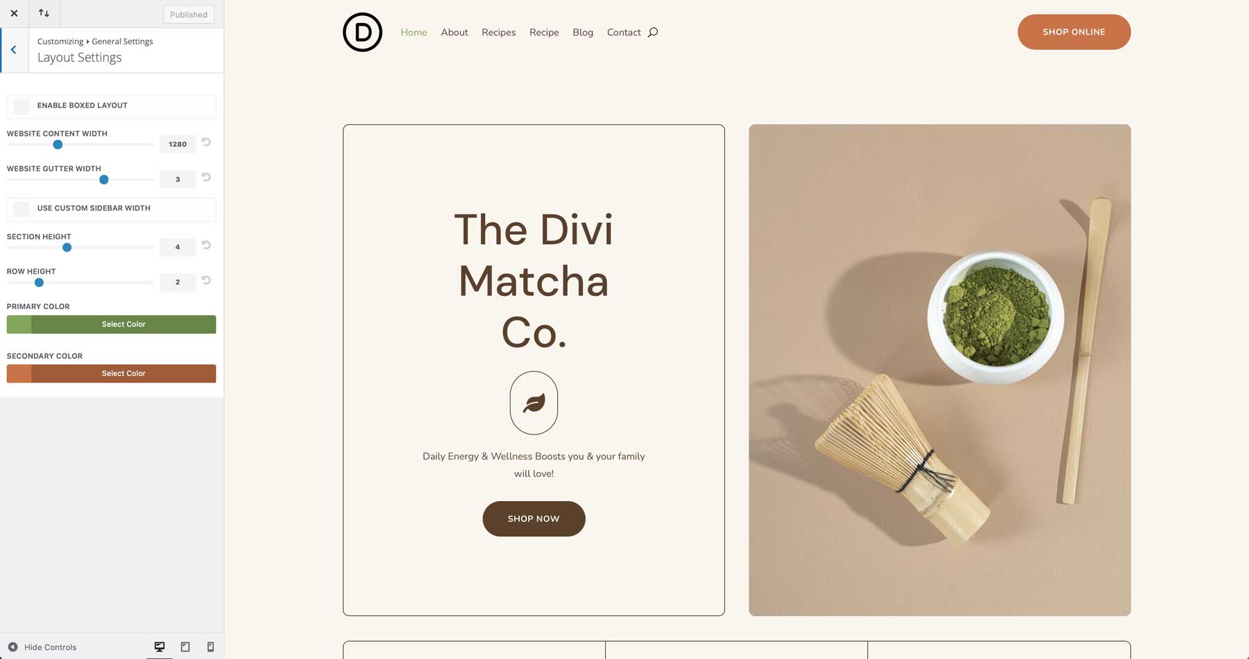 Divi için Matcha Starter sitesi