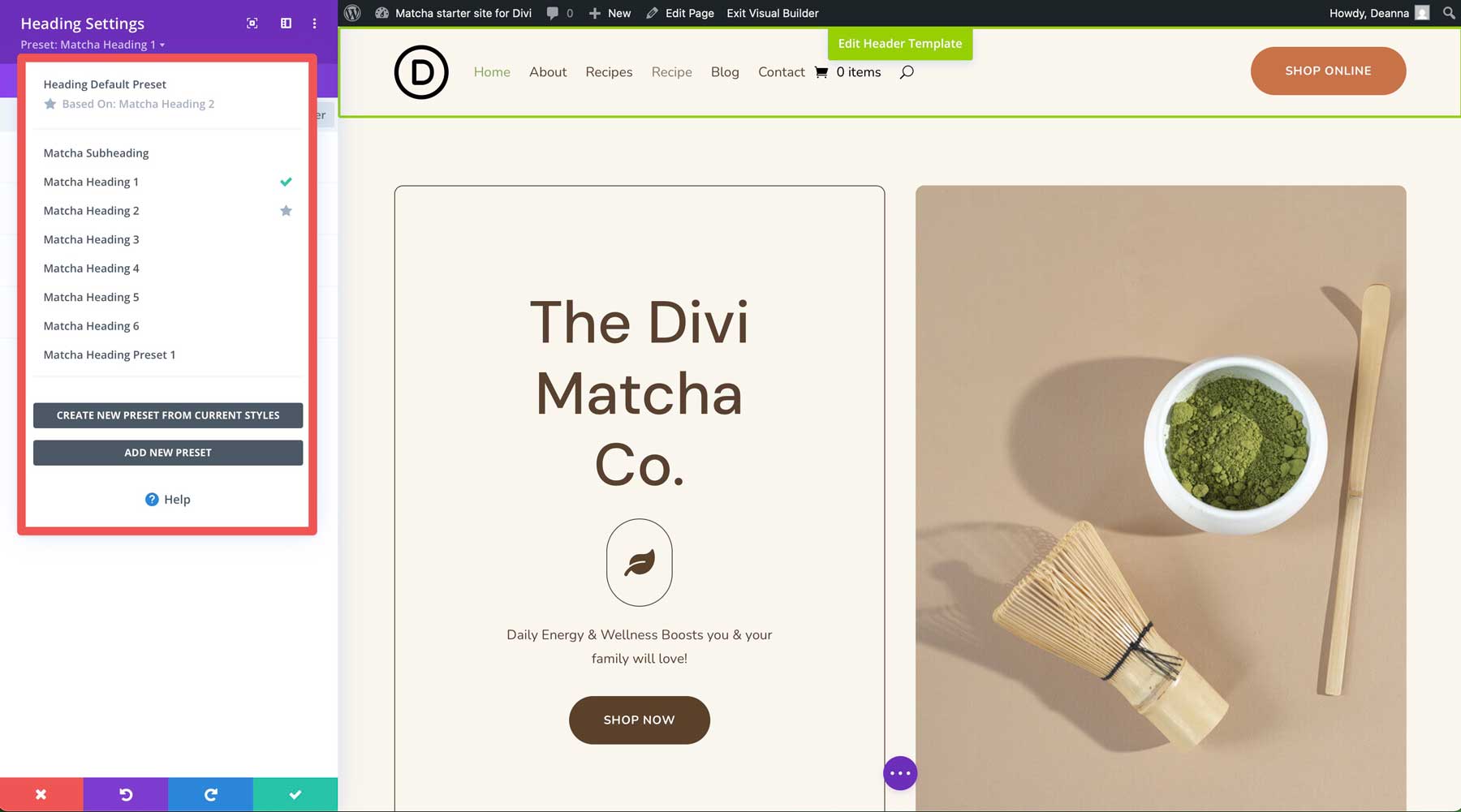 Divi için Matcha Starter sitesi