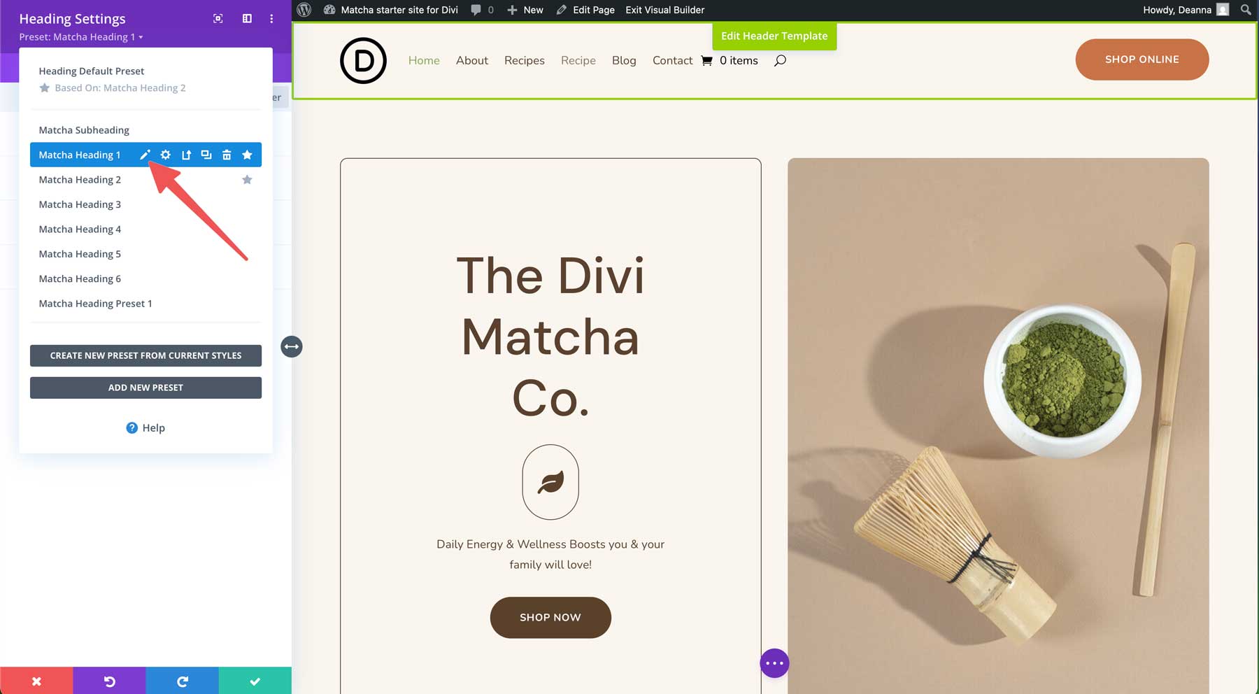 Divi için Matcha Starter sitesi