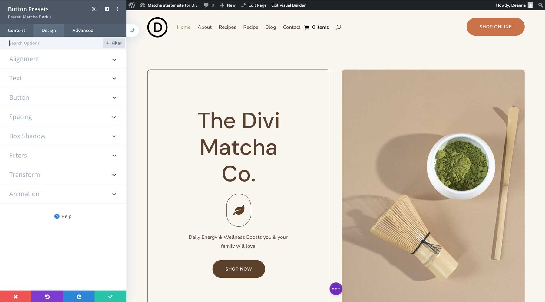 Divi için Matcha Starter sitesi