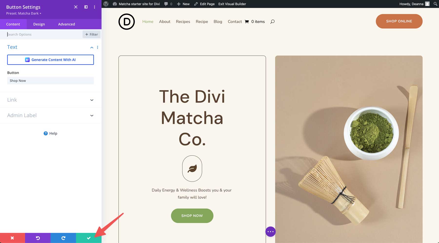 Divi için Matcha Starter sitesi