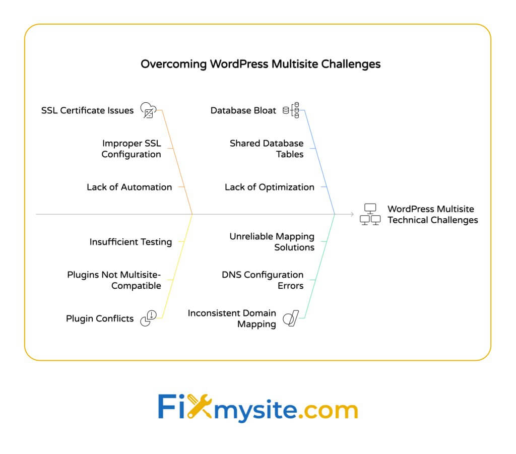Un diagramme Fishbone intitulé «Surmonter les défis multisites WordPress» montrant quatre principales catégories de défis techniques. Problèmes de certificat SSL (configuration incorrecte, manque d'automatisation), conflits de plugin (plugins non compatibles multisites, tests insuffisants), gonflement de la base de données (tables de base de données partagées, manque d'optimisation) et cartographie du domaine incohérente (solutions de mappage non fiables, erreurs de configuration du DNS). Le diagramme illustre des défis techniques communs lors de la mise en œuvre de WordPress Multisite avec le logo FixMysite.com en bas.