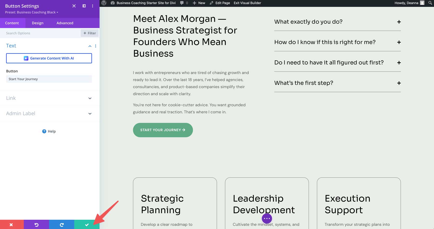 Site de démarrage de coaching d'entreprise pour divi