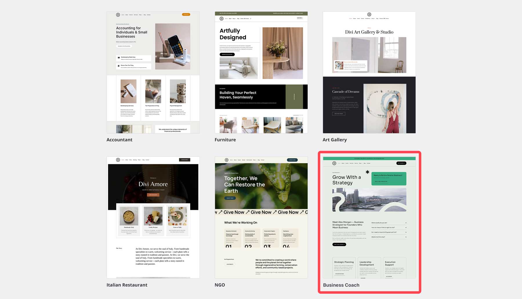 Site de démarrage de coaching d'entreprise pour divi