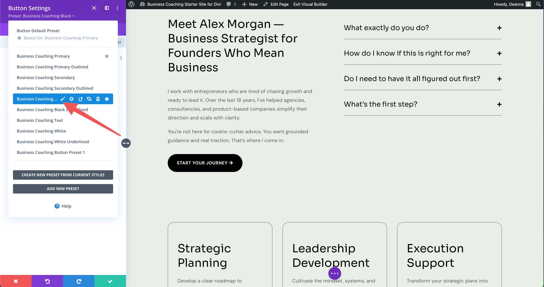 Site de démarrage de coaching d'entreprise pour divi