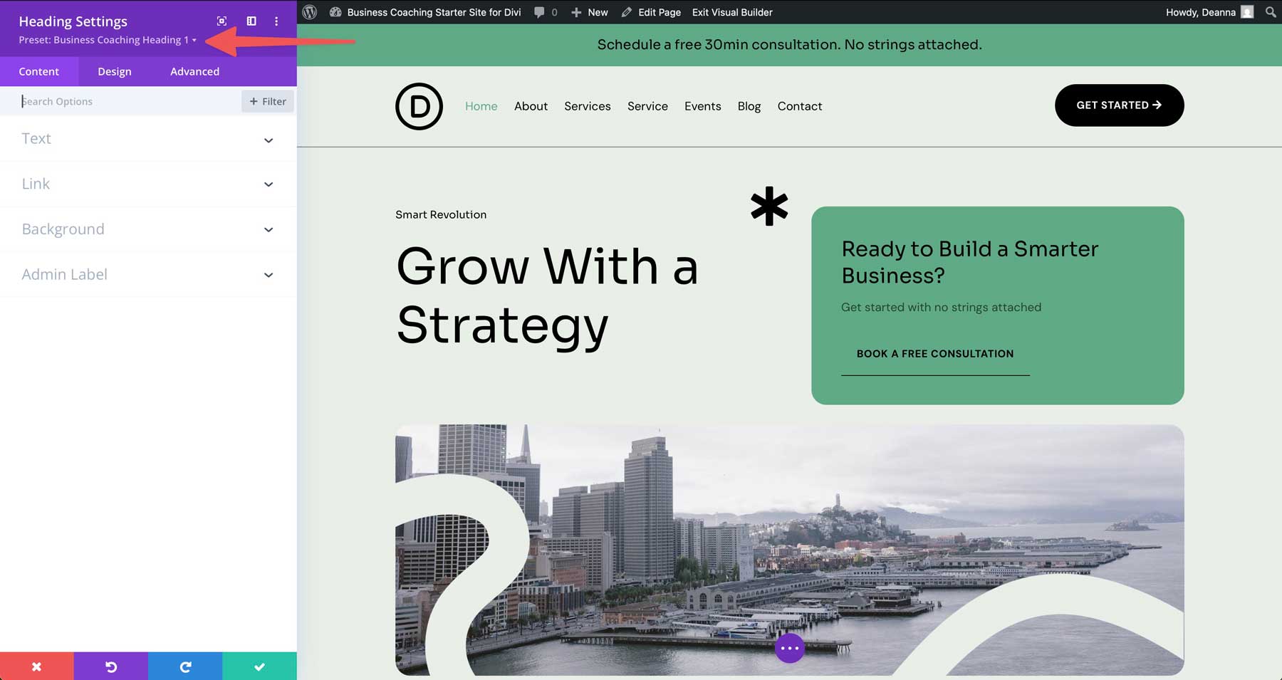Site de démarrage de coaching d'entreprise pour divi
