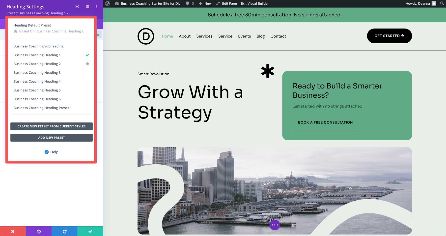 Site de démarrage de coaching d'entreprise pour divi