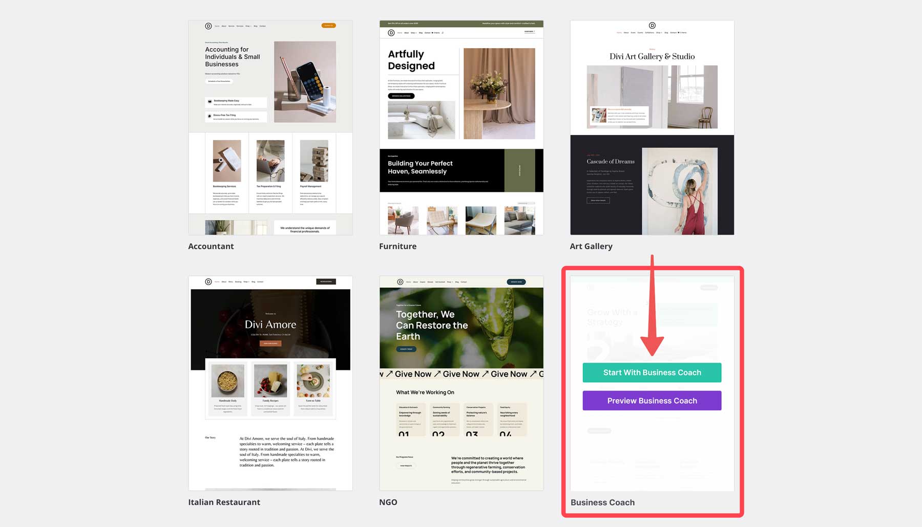 Site de démarrage de coaching d'entreprise pour divi