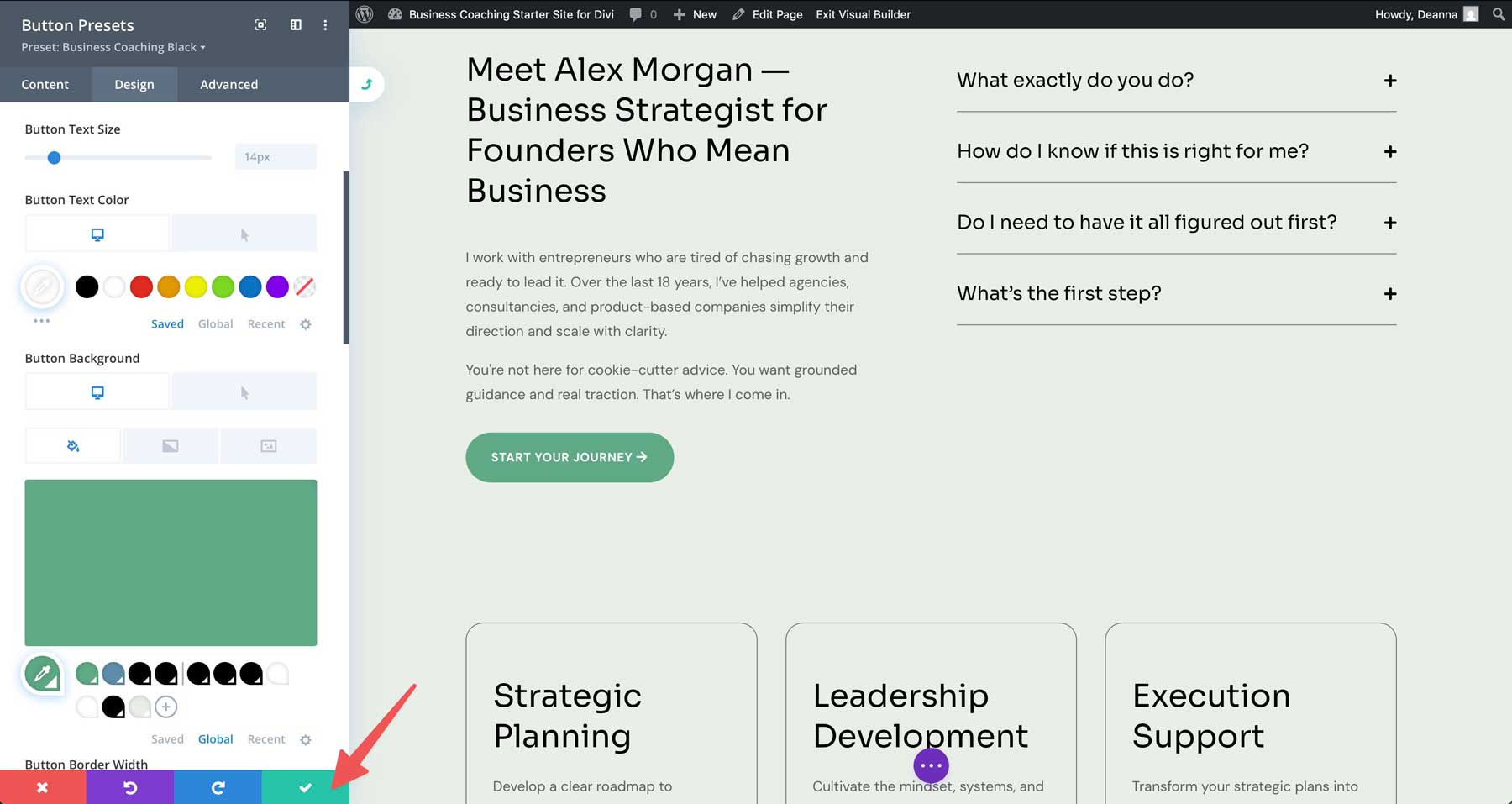 Site de démarrage de coaching d'entreprise pour divi
