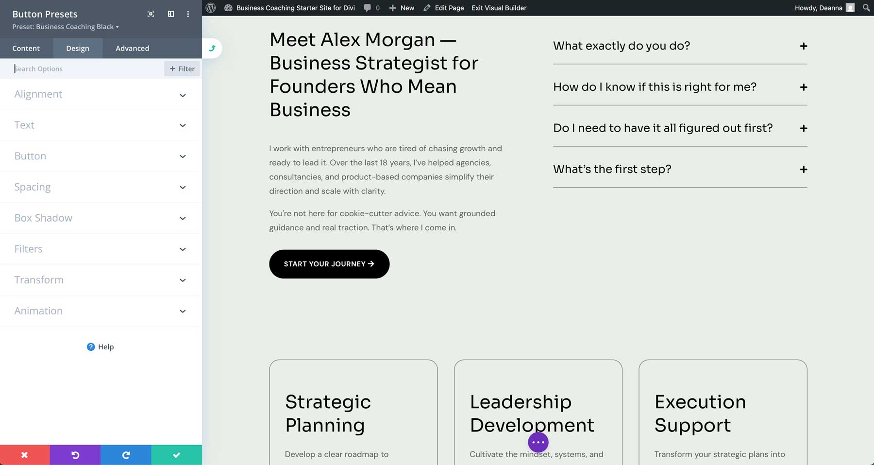 Site de démarrage de coaching d'entreprise pour divi