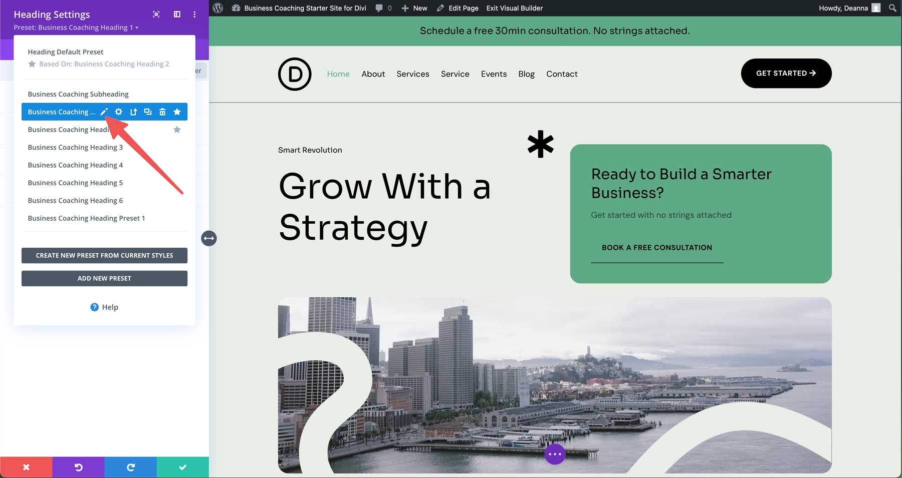 Site de démarrage de coaching d'entreprise pour divi